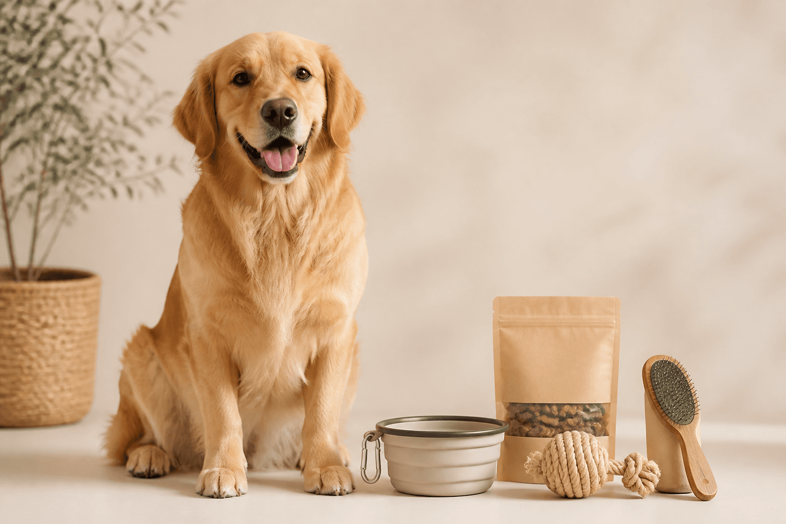 Happy dog with premium pet treats and toys